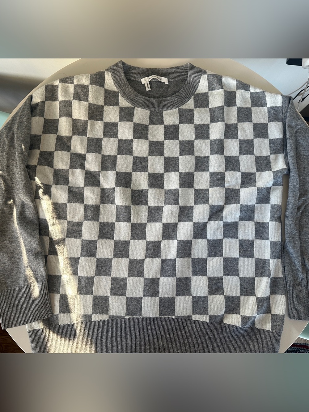 Womens Checkerboard Crewneck Sweater - Gray & White - derek lam 10 crosby